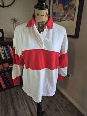 Men's Red & White Striped Rugby Polo Shirt